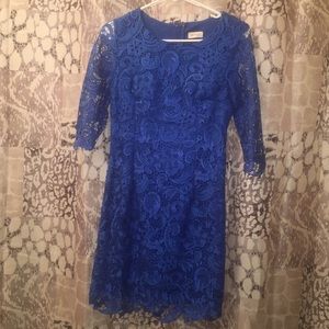 Blue lace knee length dress conservative neckline